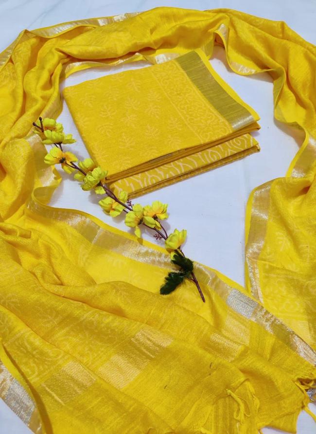 Linen Cotton Yellow Casual Wear Bagru Print Dress Material